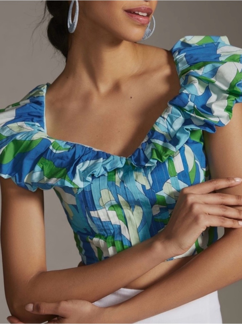 Anthropologie Maeve Puff-Sleeve Cropped Blouse - Blue Green Tropical Leaf size L